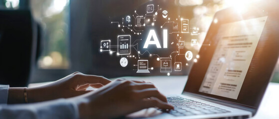People typing on laptop with AI icon hovering above