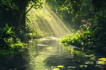 Sunbeams Through Lush Jungle Stream