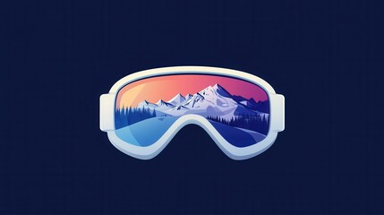 Ski goggles feature a reflection of majestic snow-covered mountains under a vibrant sunset, capturing the spirit of winter sports. Generative AI