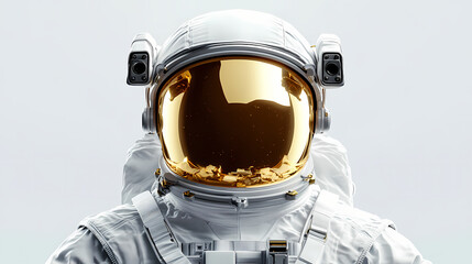Wall Mural - Astronaut with gold visor and white spacesuit with light grey background with neutral diffused side lighting front view 3d illustration 3d render. Astronaut. Illustration