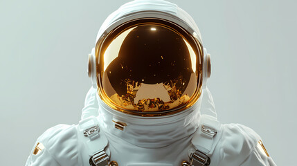 Wall Mural - Astronaut with gold visor and white spacesuit with light grey background with neutral diffused side lighting front view 3d illustration 3d render. Astronaut. Illustration