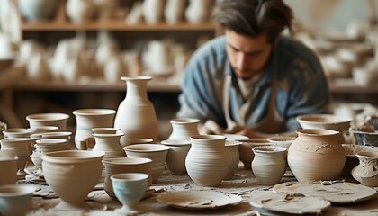 A person is focused on making ceramics, and the desktop is filled with various ceramic works with blurred backgrounds, showing an atmosphere of artistic creation.