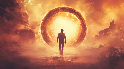 Wall Mural - A time traveler stepping out of a portal into an ancient civilization. concept of time travel and exploration. isolated on white background, photo, png. Time Traveler. Illustration