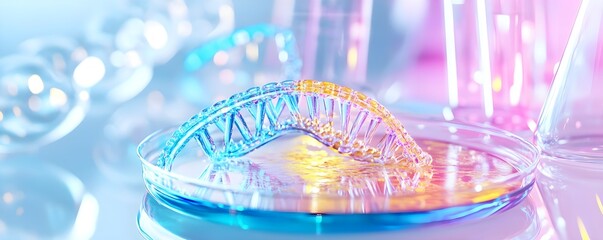 Canvas Print - DNA Model in Petri Dish with Blue and Pink Lighting