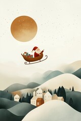 Santa flying over a peaceful snowy village in a sleigh with gifts under a golden moon in a serene winter landscape