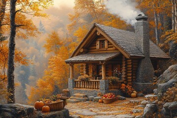 Wall Mural - Old wooden cabin in the autumn forest, Fall in Canada, Heritage village