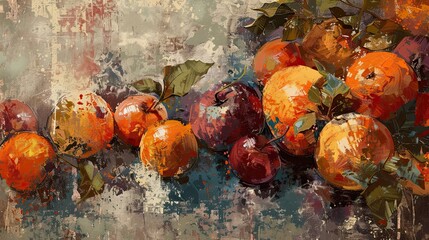 Post-Impressionist backdrop with bold colors and textured fruit brushstrokes capturing essence