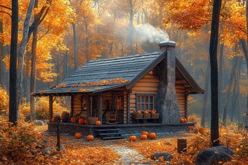 Wall Mural - Old wooden cabin in the autumn forest, Fall in Canada, Heritage village