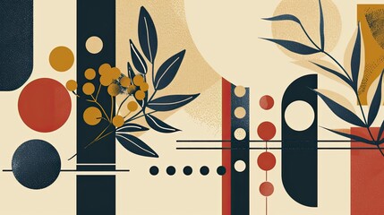 Wall Mural - Bauhaus-inspired background with geometric abstraction of herbs and spices in primary colors