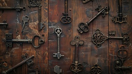 Renaissance backdrop with aged keys arranged on polished wood in soft natural lighting