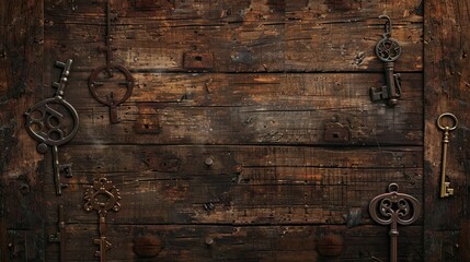 Renaissance backdrop featuring antique keys with soft lighting on polished wooden surface