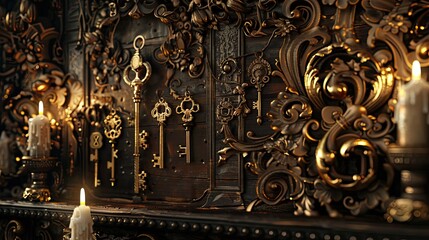 Wall Mural - Antique keys displayed in a luxurious Baroque setting with detailed wooden carvings