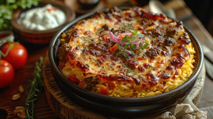 Wall Mural - Delicious Cheesy Baked Dish with Ground Meat and Rice