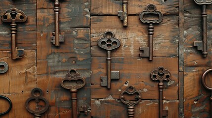 Keys arranged geometrically on minimalist wood surface in Bauhaus-inspired wallpaper