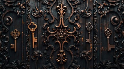 Wall Mural - Intricate wood carvings and dramatic keys create mystery in this Gothic-inspired wallpaper