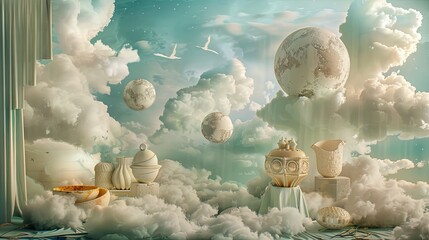 Canvas Print - Whimsical Surrealist backdrop with ceramic bowls floating over abstract dreamlike landscape