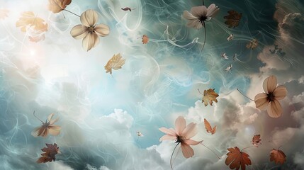 Canvas Print - Surrealist wallpaper blending reality and dreams with floating dried flowers in soft light