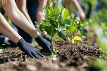 Woman planting a young tree in a garden