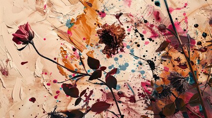 Canvas Print - Expressive brushstrokes and paint splatters highlight dried flowers in Abstract Expressionist wallpaper