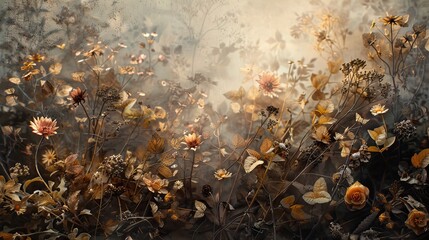 Sticker - Romantic backdrop with dried flowers arranged in pastoral setting under soft diffused light