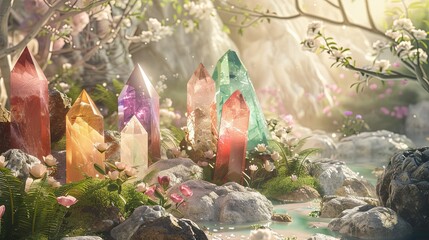 Gemstones arranged in a serene naturally lit setting in a Romanticism backdrop