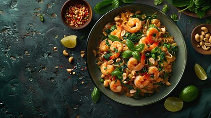 Wall Mural - Delicious Pad Thai with Shrimp, Peanuts, and Basil