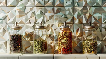 Canvas Print - Bauhaus wallpaper featuring tea leaves in glass jars arranged with geometric precision