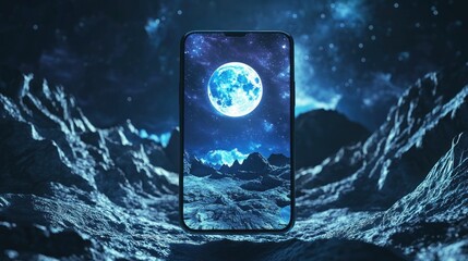 Smartphone Displaying Night Sky and Moon Over Mountains