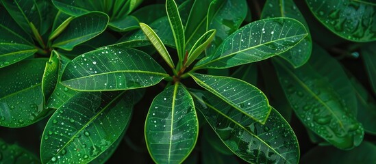 Wall Mural - Green Leaves Of Frangipani Plant Get Wet After The Rain