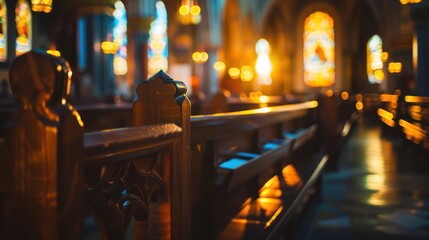 A serene interior of a church with wooden pews and colorful stained glass windows illuminated by soft light.