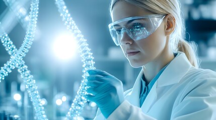 Poster - Female Scientist Examining DNA Model in Lab