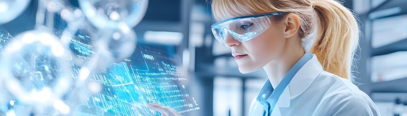 Wall Mural - Female Scientist Exploring Data on Holographic Screen