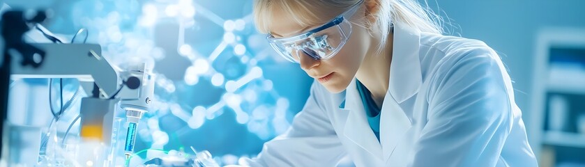 female scientist in lab coat working on experiment