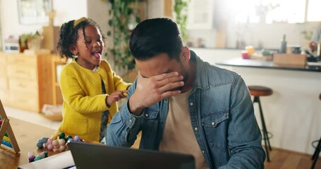 Sticker - Remote work, child and attention from father on laptop with behavior problem, distraction and overwhelmed in home. Freelancer, man and energetic daughter at dining table with noise, annoyed and chaos