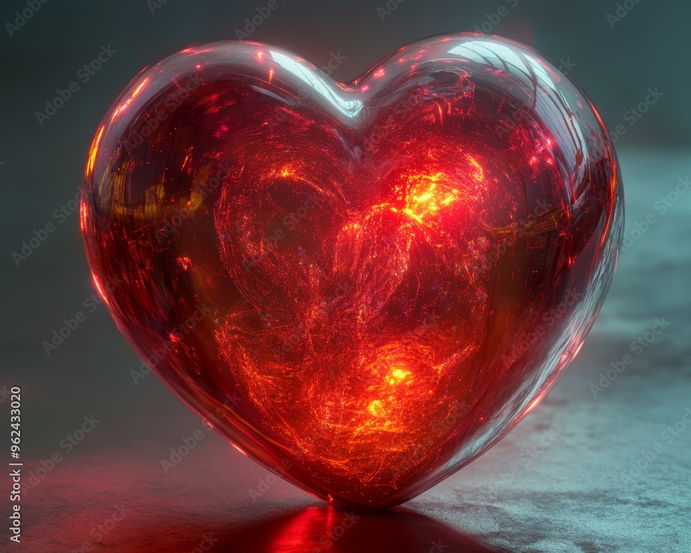 An abstract red heart with bioluminescent highlights, encased in a ...