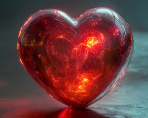 An abstract red heart with bioluminescent highlights, encased in a clear futuristic dome. Glowing light streams from the heart, reflected off the smooth glass surface