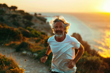 Wall Mural - Invigorating breeze and scenic path inspire his middle-aged fitness journey. Radiant sunlight and lush greenery accompany his happy run. Nature's tranquility empowers pursuit of happiness and fitness.