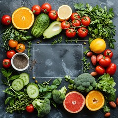 Wall Mural - Colorful Fruits and Vegetables on a Dark Background