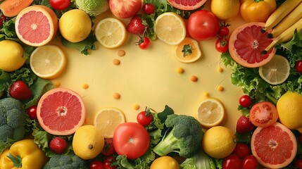 Wall Mural - Colorful Fruits and Vegetables on Yellow Background