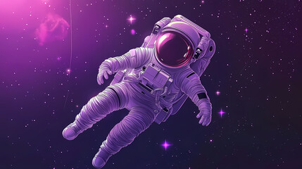 Wall Mural - Dreamy astronaut floating in space, with a glowing helmet and purple stars. Astronaut. Illustration