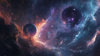 Wall Mural - Two planets in a starry sky, one with a red glow and one with a blue glow.