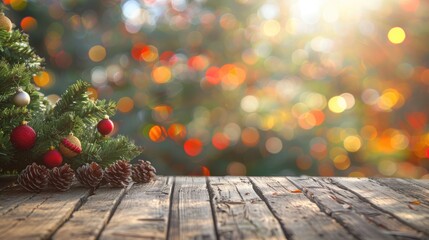 Wall Mural - Wooden terrace with abstract bokeh background showcasing Christmas tree decorations for festive season celebration