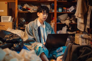 Intelligent asian teenager casual attire navigating his digital workspace. Remote Work Stress: Coping Strategies for Employees.  Balance of youth culture and professional ambition digital era.