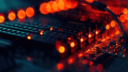 Wall Mural - Close-up of a Motherboard with Glowing Red Lights