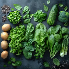 Wall Mural - Green Vegetables on Dark Background