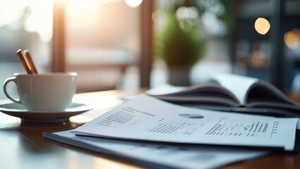 A tranquil moment captured in a cozy workspace setting, featuring a cup of coffee, stationery, and open documents, bathed in gentle sunlight with inviting bokeh effects.