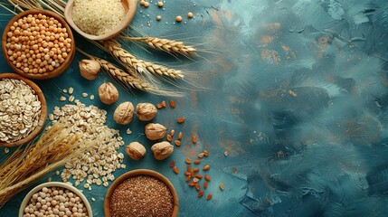 Wall Mural - Various Grains and Nuts on Blue Background