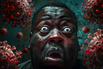 Wall Mural - Frightened man shown extreme closeup displaying intense fear. Closeup image of fat man displaying fear and surprise. Fat man symbolizes everyday person facing unexpected fears.