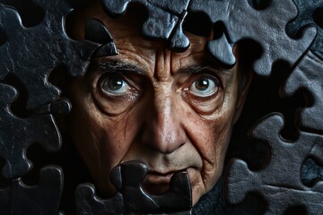 Wall Mural - Brain framework Hippocampus Elderly man with a puzzle piece embedded in his face representing the complexity of memory identity and the passage of time in a dark dramatic portrait