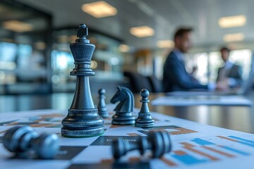 Executives engage in strategic discussions, using chess pieces to symbolize business tactics in a contemporary office environment.